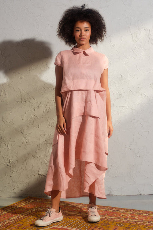 Asymmetrical summer linen dress in ash rose color