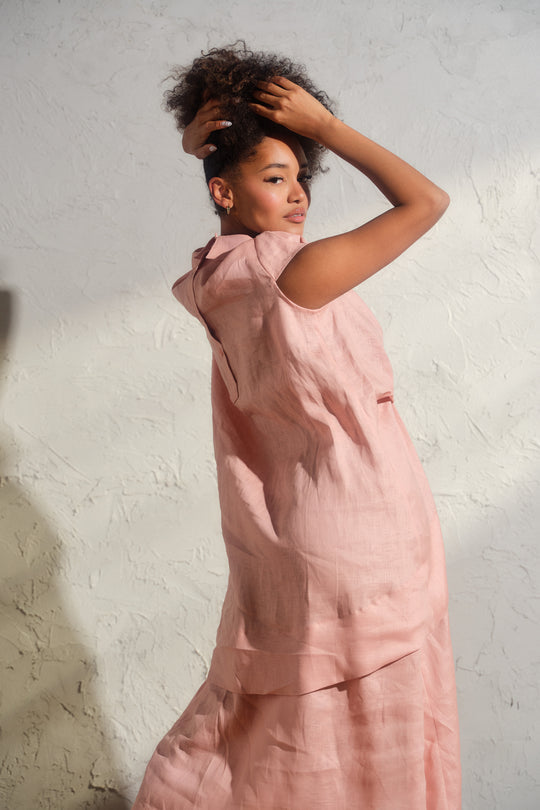 Asymmetrical summer linen dress in ash rose color
