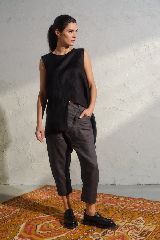 Asymmetrical black linen top