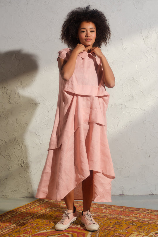 Asymmetrical summer linen dress in ash rose color