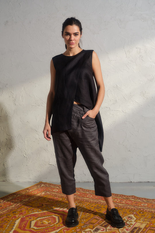 Asymmetrical black linen top