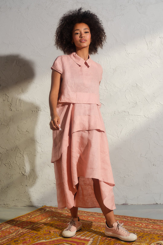 Asymmetrical summer linen dress in ash rose color